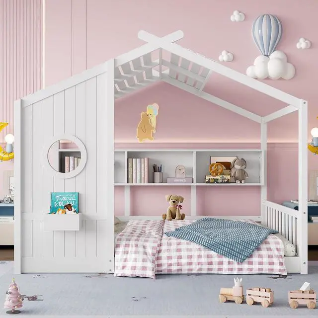 Main image of Full Size House Bed with Storage Shelf, Wood Floor Montessori Bed Frame, Roof Design Playhouse Bed for Boys Girls, Easy Assembly, White