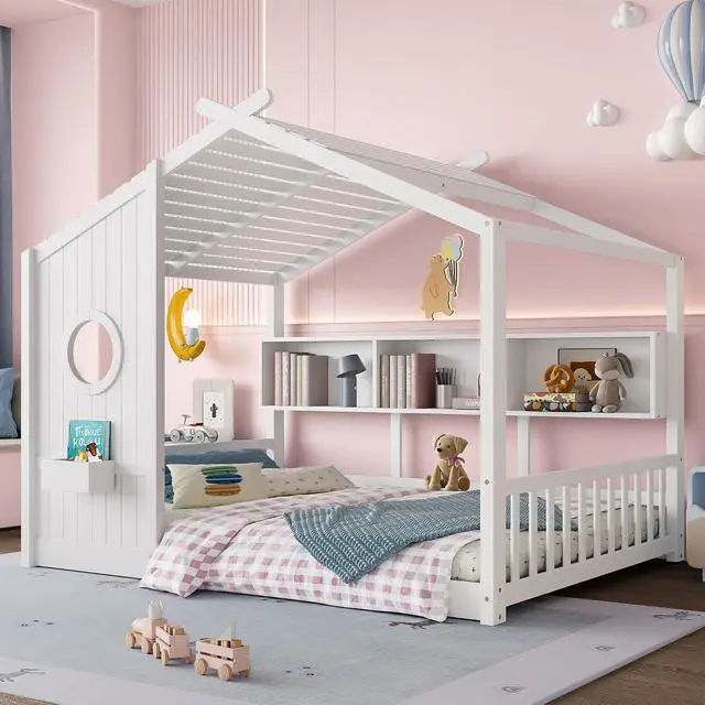 Alt view image 3 of 7 - Full Size House Bed with Storage Shelf, Wood Floor Montessori Bed Frame, Roof Design Playhouse Bed for Boys Girls, Easy Assembly, White