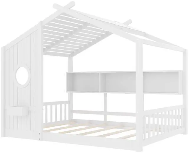 Alt view image 5 of 7 - Full Size House Bed with Storage Shelf, Wood Floor Montessori Bed Frame, Roof Design Playhouse Bed for Boys Girls, Easy Assembly, White