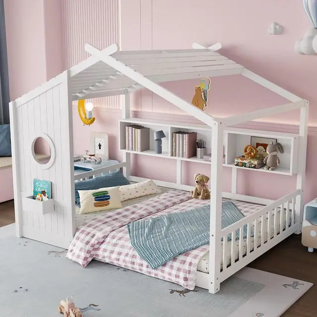 Alt view image 4 of 7 - Full Size House Bed with Storage Shelf, Wood Floor Montessori Bed Frame, Roof Design Playhouse Bed for Boys Girls, Easy Assembly, White