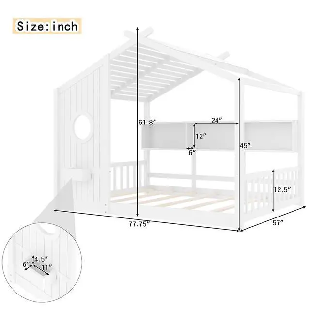 Alt view image 2 of 7 - Full Size House Bed with Storage Shelf, Wood Floor Montessori Bed Frame, Roof Design Playhouse Bed for Boys Girls, Easy Assembly, White