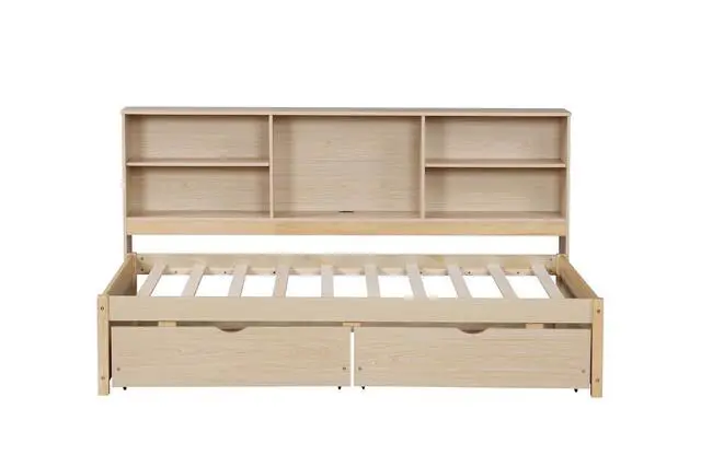 Alt view image 6 of 7 - Twin Size Bed Frame with Desk Underneath, Side Bookshelves, Two Drawers & Built-in USB Port Perfect for Bedroom Storage & Organization