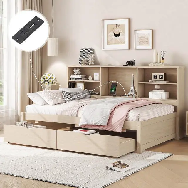 Alt view image 5 of 7 - Twin Size Bed Frame with Desk Underneath, Side Bookshelves, Two Drawers & Built-in USB Port Perfect for Bedroom Storage & Organization