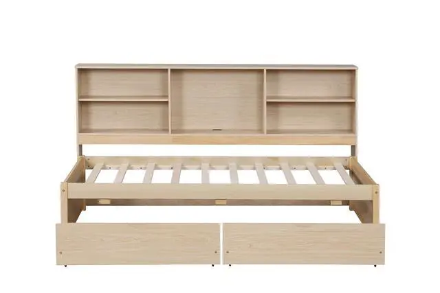 Alt view image 7 of 7 - Twin Size Bed Frame with Desk Underneath, Side Bookshelves, Two Drawers & Built-in USB Port Perfect for Bedroom Storage & Organization