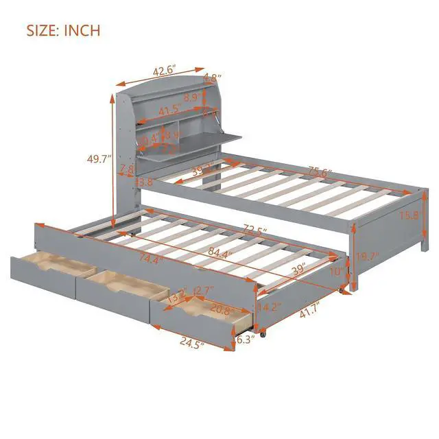 Alt view image 2 of 7 - Twin Wooden Bed with Roll-Out Trundle, Wood Platform Bedframe with Hidden Storage Headboard, Nightlight and Charging Ports, Single Guest Bed with 3 Drawers, Easy Left Right Switchable Assembly, Gray