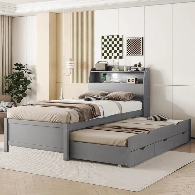Alt view image 4 of 7 - Twin Wooden Bed with Roll-Out Trundle, Wood Platform Bedframe with Hidden Storage Headboard, Nightlight and Charging Ports, Single Guest Bed with 3 Drawers, Easy Left Right Switchable Assembly, Gray