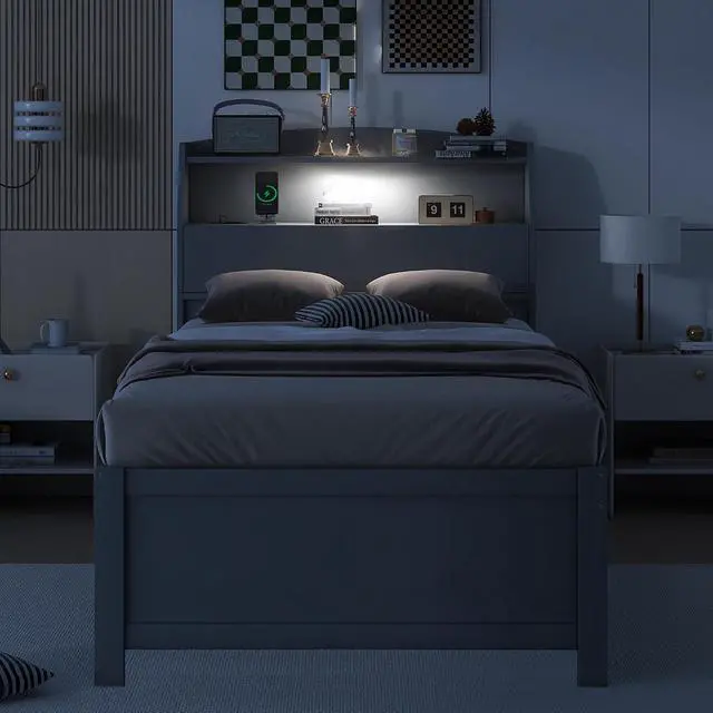 Alt view image 5 of 7 - Twin Wooden Bed with Roll-Out Trundle, Wood Platform Bedframe with Hidden Storage Headboard, Nightlight and Charging Ports, Single Guest Bed with 3 Drawers, Easy Left Right Switchable Assembly, Gray