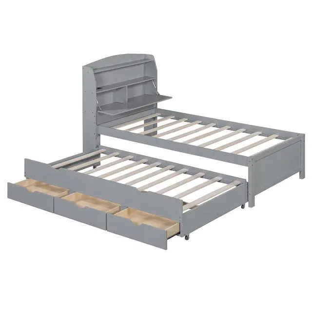 Alt view image 6 of 7 - Twin Wooden Bed with Roll-Out Trundle, Wood Platform Bedframe with Hidden Storage Headboard, Nightlight and Charging Ports, Single Guest Bed with 3 Drawers, Easy Left Right Switchable Assembly, Gray