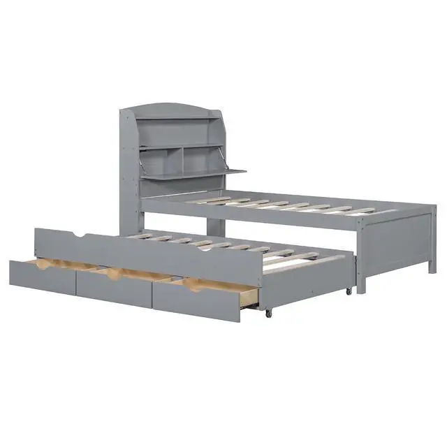 Alt view image 7 of 7 - Twin Wooden Bed with Roll-Out Trundle, Wood Platform Bedframe with Hidden Storage Headboard, Nightlight and Charging Ports, Single Guest Bed with 3 Drawers, Easy Left Right Switchable Assembly, Gray