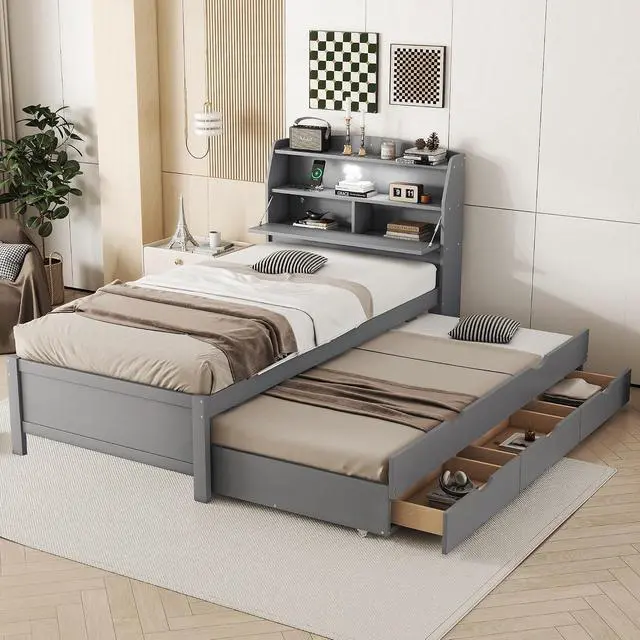 Alt view image 3 of 7 - Twin Wooden Bed with Roll-Out Trundle, Wood Platform Bedframe with Hidden Storage Headboard, Nightlight and Charging Ports, Single Guest Bed with 3 Drawers, Easy Left Right Switchable Assembly, Gray