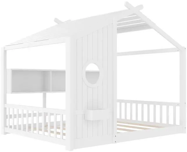 Alt view image 6 of 7 - Full Size House Bed with Storage Shelf, Wood Floor Montessori Bed Frame, Roof Design Playhouse Bed for Boys Girls, Easy Assembly, White