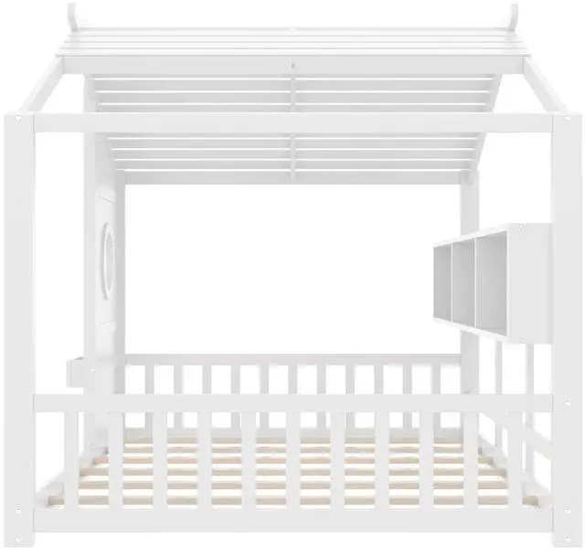 Alt view image 7 of 7 - Full Size House Bed with Storage Shelf, Wood Floor Montessori Bed Frame, Roof Design Playhouse Bed for Boys Girls, Easy Assembly, White