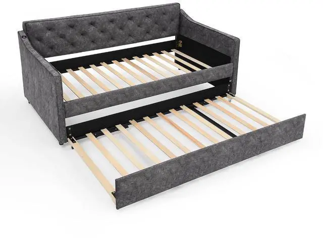 Alt view image 4 of 7 - 3 in 1 Twin Daybed with Trundle, Upholstered Twin to King Guest Bed with USB Charging Ports, Extendable Corner Twin Pull Out Bed with Wheels with Strong Supports for Living Room, Guest Room, Grey