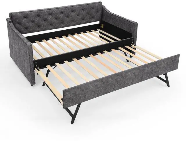 Alt view image 5 of 7 - 3 in 1 Twin Daybed with Trundle, Upholstered Twin to King Guest Bed with USB Charging Ports, Extendable Corner Twin Pull Out Bed with Wheels with Strong Supports for Living Room, Guest Room, Grey