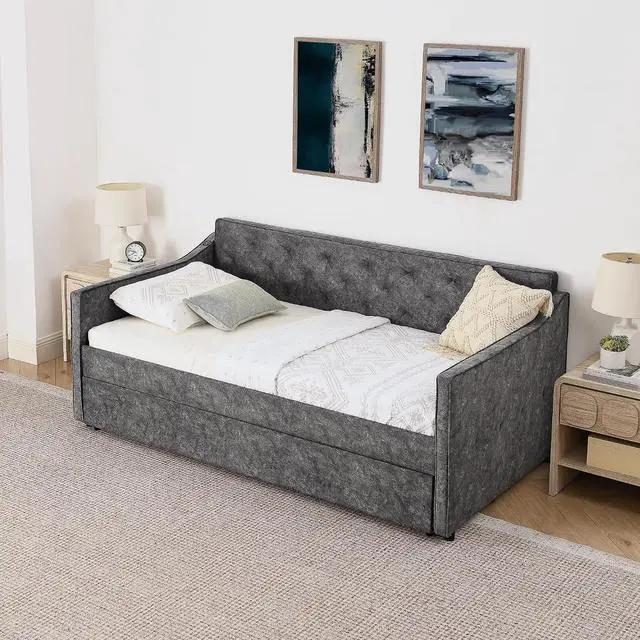 Alt view image 3 of 7 - 3 in 1 Twin Daybed with Trundle, Upholstered Twin to King Guest Bed with USB Charging Ports, Extendable Corner Twin Pull Out Bed with Wheels with Strong Supports for Living Room, Guest Room, Grey