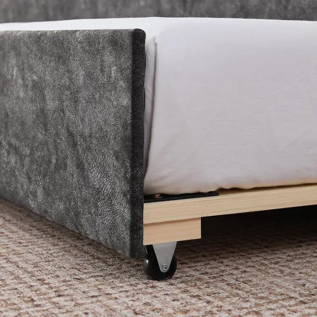 Alt view image 6 of 7 - 3 in 1 Twin Daybed with Trundle, Upholstered Twin to King Guest Bed with USB Charging Ports, Extendable Corner Twin Pull Out Bed with Wheels with Strong Supports for Living Room, Guest Room, Grey