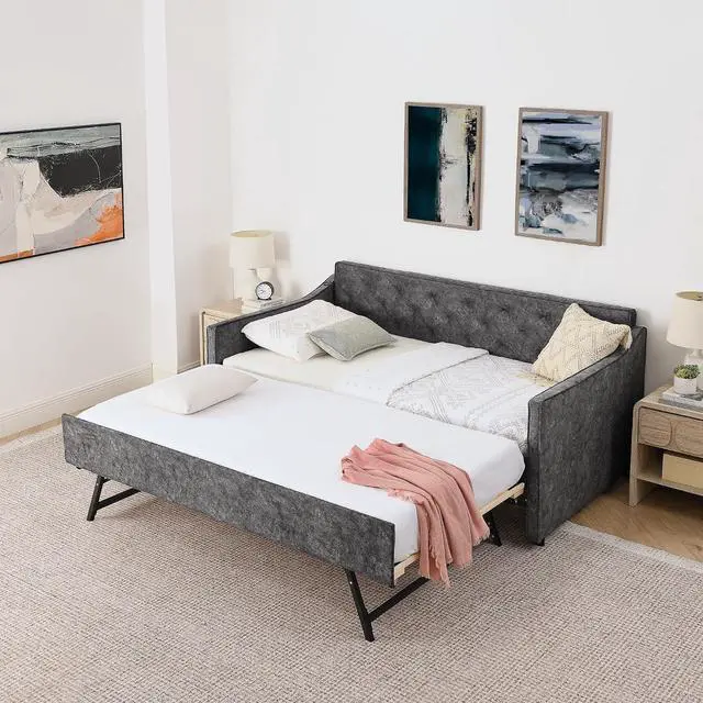 Main image of 3 in 1 Twin Daybed with Trundle, Upholstered Twin to King Guest Bed with USB Charging Ports, Extendable Corner Twin Pull Out Bed with Wheels with Strong Supports for Living Room, Guest Room, Grey