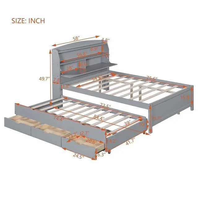Alt view image 2 of 7 - Full Wooden Bed with Roll-Out Trundle, Platform Bedframe with Hidden Storage Headboard, Nightlight and Charging Ports, Double Guest Bed with Drawers, Left Right Switchable Easy Assembly, Gray