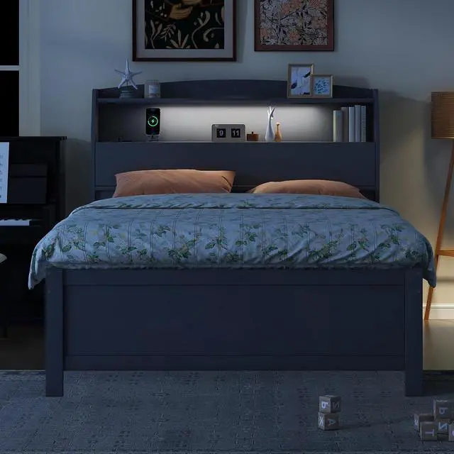 Alt view image 4 of 7 - Full Wooden Bed with Roll-Out Trundle, Platform Bedframe with Hidden Storage Headboard, Nightlight and Charging Ports, Double Guest Bed with Drawers, Left Right Switchable Easy Assembly, Gray