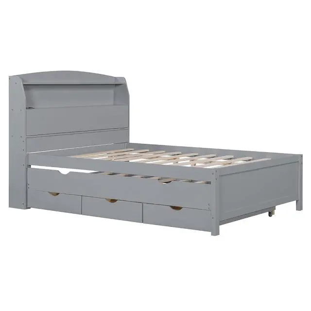 Alt view image 5 of 7 - Full Wooden Bed with Roll-Out Trundle, Platform Bedframe with Hidden Storage Headboard, Nightlight and Charging Ports, Double Guest Bed with Drawers, Left Right Switchable Easy Assembly, Gray