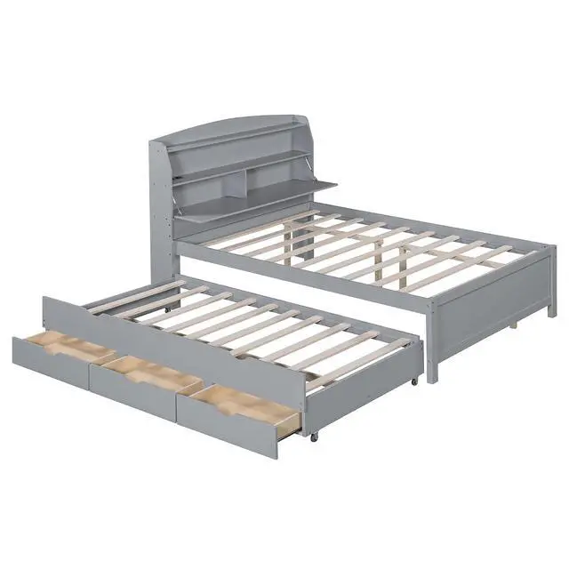 Alt view image 6 of 7 - Full Wooden Bed with Roll-Out Trundle, Platform Bedframe with Hidden Storage Headboard, Nightlight and Charging Ports, Double Guest Bed with Drawers, Left Right Switchable Easy Assembly, Gray