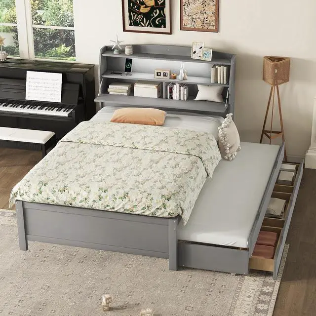 Alt view image 3 of 7 - Full Wooden Bed with Roll-Out Trundle, Platform Bedframe with Hidden Storage Headboard, Nightlight and Charging Ports, Double Guest Bed with Drawers, Left Right Switchable Easy Assembly, Gray