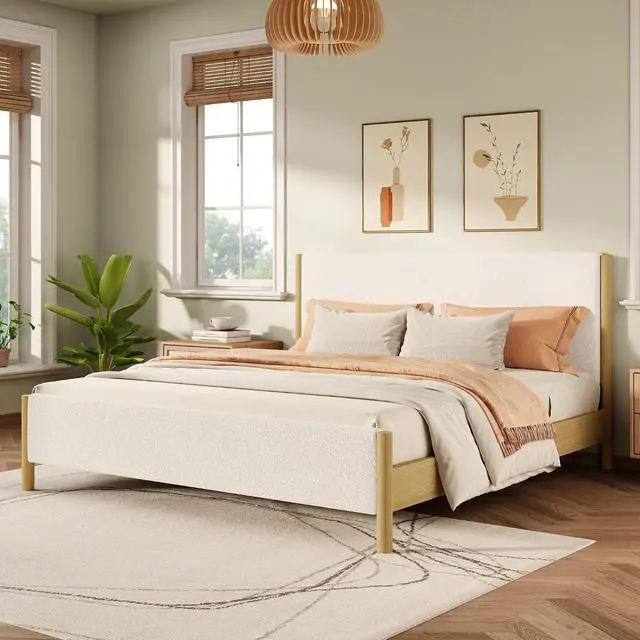 Main image of King Size Platform Bed with Rubberwood Legs, Boucle Upholstered Bedframe, Modern Double Bed with Solid Wooden Slats, 800lbs Weight Capacity, No Box Spring Needed, White