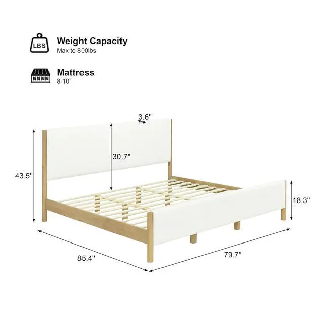 Alt view image 2 of 7 - King Size Platform Bed with Rubberwood Legs, Boucle Upholstered Bedframe, Modern Double Bed with Solid Wooden Slats, 800lbs Weight Capacity, No Box Spring Needed, White