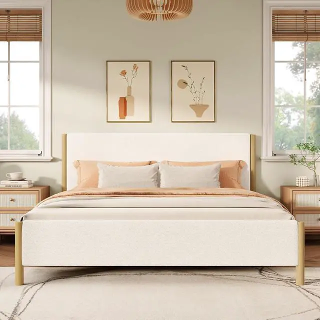 Alt view image 3 of 7 - King Size Platform Bed with Rubberwood Legs, Boucle Upholstered Bedframe, Modern Double Bed with Solid Wooden Slats, 800lbs Weight Capacity, No Box Spring Needed, White
