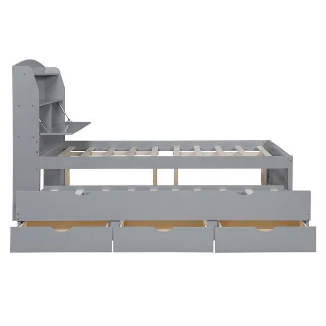Alt view image 7 of 7 - Full Wooden Bed with Roll-Out Trundle, Platform Bedframe with Hidden Storage Headboard, Nightlight and Charging Ports, Double Guest Bed with Drawers, Left Right Switchable Easy Assembly, Gray