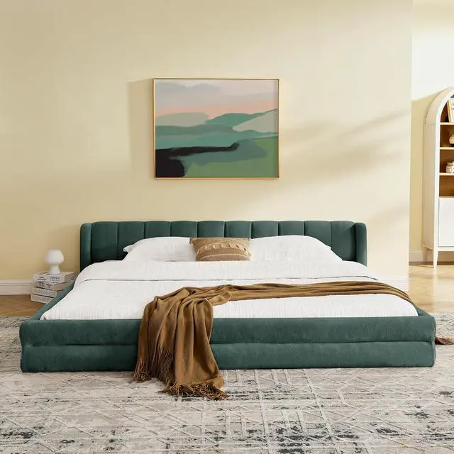 Alt view image 3 of 7 - King Size Floor Bed with Low Headboard, Chenille Upholstered Bedframe with, Low Profile Luxury Cloud Bed with Solid Wooden Slats, No Box Spring Needed, Cushioned Bedroom Furniture, Green