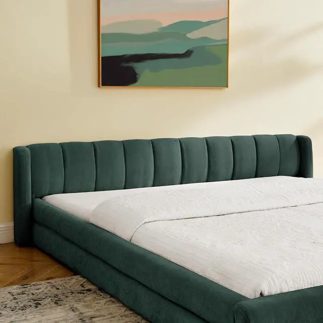Alt view image 5 of 7 - King Size Floor Bed with Low Headboard, Chenille Upholstered Bedframe with, Low Profile Luxury Cloud Bed with Solid Wooden Slats, No Box Spring Needed, Cushioned Bedroom Furniture, Green