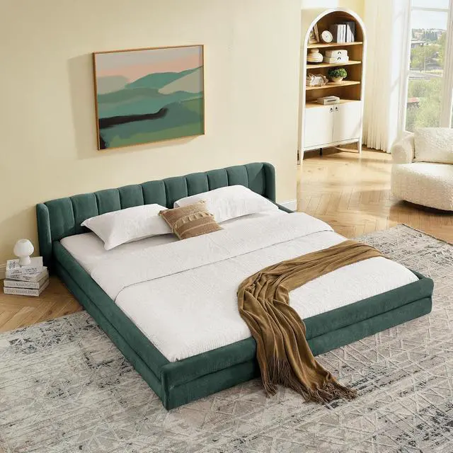 Alt view image 2 of 7 - King Size Floor Bed with Low Headboard, Chenille Upholstered Bedframe with, Low Profile Luxury Cloud Bed with Solid Wooden Slats, No Box Spring Needed, Cushioned Bedroom Furniture, Green