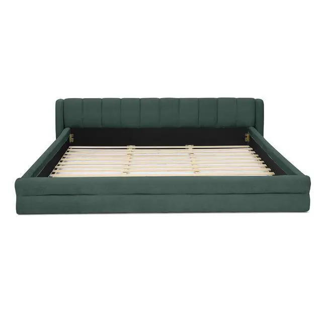 Alt view image 7 of 7 - King Size Floor Bed with Low Headboard, Chenille Upholstered Bedframe with, Low Profile Luxury Cloud Bed with Solid Wooden Slats, No Box Spring Needed, Cushioned Bedroom Furniture, Green