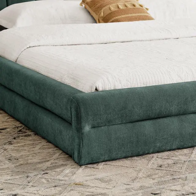 Alt view image 4 of 7 - King Size Floor Bed with Low Headboard, Chenille Upholstered Bedframe with, Low Profile Luxury Cloud Bed with Solid Wooden Slats, No Box Spring Needed, Cushioned Bedroom Furniture, Green