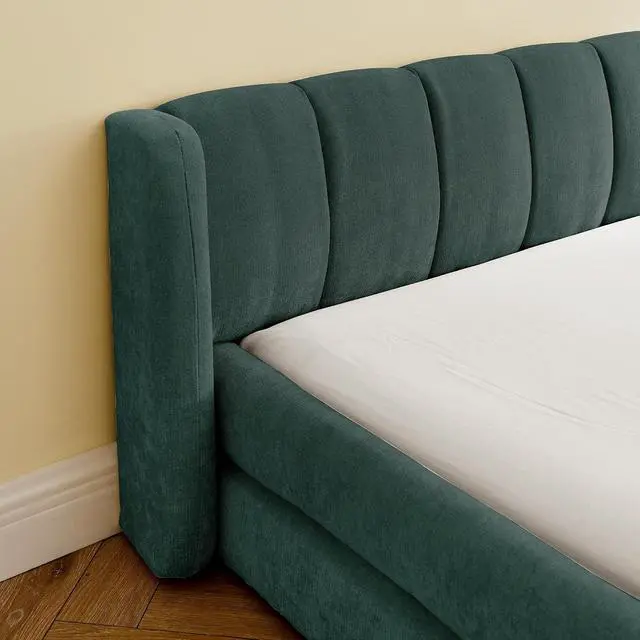 Alt view image 6 of 7 - King Size Floor Bed with Low Headboard, Chenille Upholstered Bedframe with, Low Profile Luxury Cloud Bed with Solid Wooden Slats, No Box Spring Needed, Cushioned Bedroom Furniture, Green