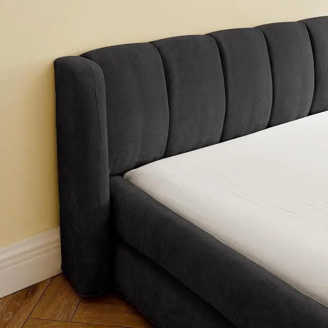 Alt view image 4 of 7 - King Size Floor Bed with Low Headboard, Chenille Upholstered Bedframe with, Low Profile Luxury Cloud Bed with Solid Wooden Slats, No Box Spring Needed, Cushioned Bedroom Furniture, Dark Gray
