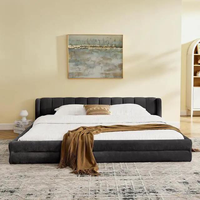 Alt view image 3 of 7 - King Size Floor Bed with Low Headboard, Chenille Upholstered Bedframe with, Low Profile Luxury Cloud Bed with Solid Wooden Slats, No Box Spring Needed, Cushioned Bedroom Furniture, Dark Gray