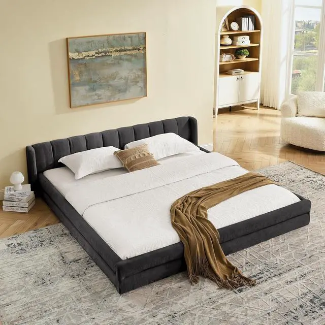 Alt view image 2 of 7 - King Size Floor Bed with Low Headboard, Chenille Upholstered Bedframe with, Low Profile Luxury Cloud Bed with Solid Wooden Slats, No Box Spring Needed, Cushioned Bedroom Furniture, Dark Gray