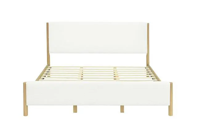 Alt view image 4 of 7 - King Size Platform Bed with Rubberwood Legs, Boucle Upholstered Bedframe, Modern Double Bed with Solid Wooden Slats, 800lbs Weight Capacity, No Box Spring Needed, White