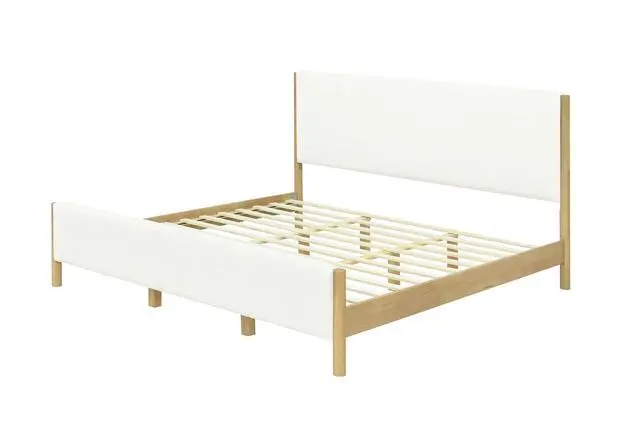 Alt view image 5 of 7 - King Size Platform Bed with Rubberwood Legs, Boucle Upholstered Bedframe, Modern Double Bed with Solid Wooden Slats, 800lbs Weight Capacity, No Box Spring Needed, White