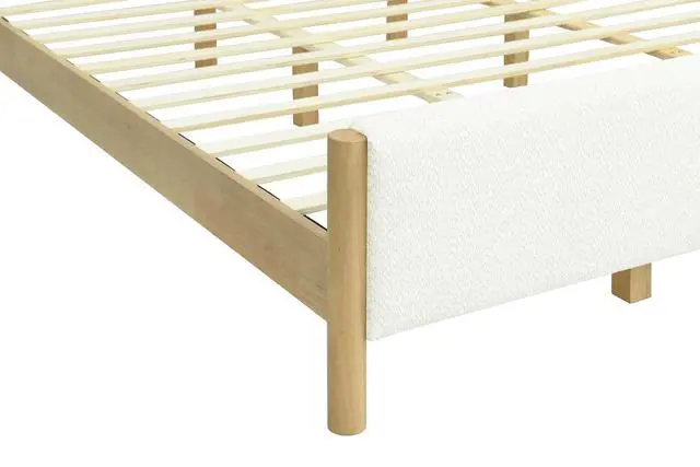 Alt view image 7 of 7 - King Size Platform Bed with Rubberwood Legs, Boucle Upholstered Bedframe, Modern Double Bed with Solid Wooden Slats, 800lbs Weight Capacity, No Box Spring Needed, White