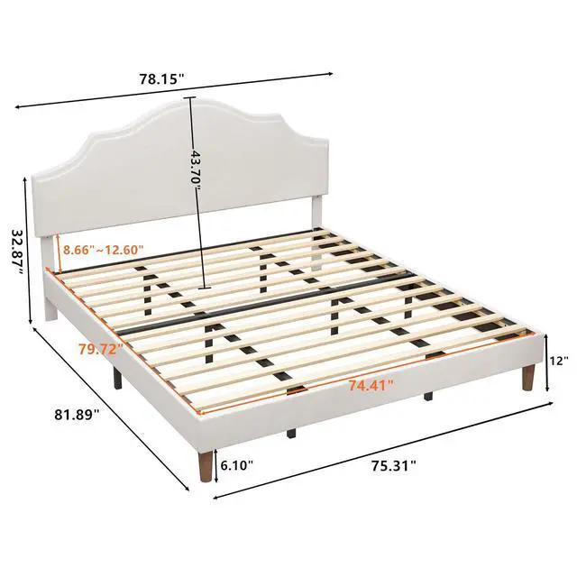 Alt view image 2 of 7 - King Linen Upholstered Bed with Height Adjustable Headboard, Modern Platform Double Bed with Solid Wooden Legs, No Box Spring Needed, Solid Wooden Slats, Easy Assembly, White