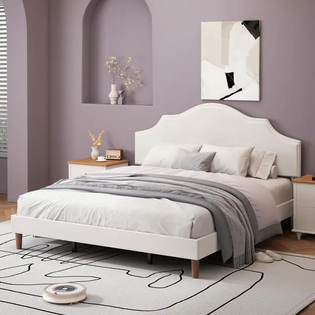 Main image of King Linen Upholstered Bed with Height Adjustable Headboard, Modern Platform Double Bed with Solid Wooden Legs, No Box Spring Needed, Solid Wooden Slats, Easy Assembly, White