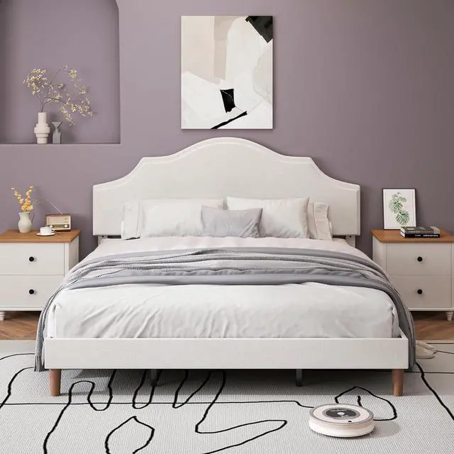 Alt view image 3 of 7 - King Linen Upholstered Bed with Height Adjustable Headboard, Modern Platform Double Bed with Solid Wooden Legs, No Box Spring Needed, Solid Wooden Slats, Easy Assembly, White