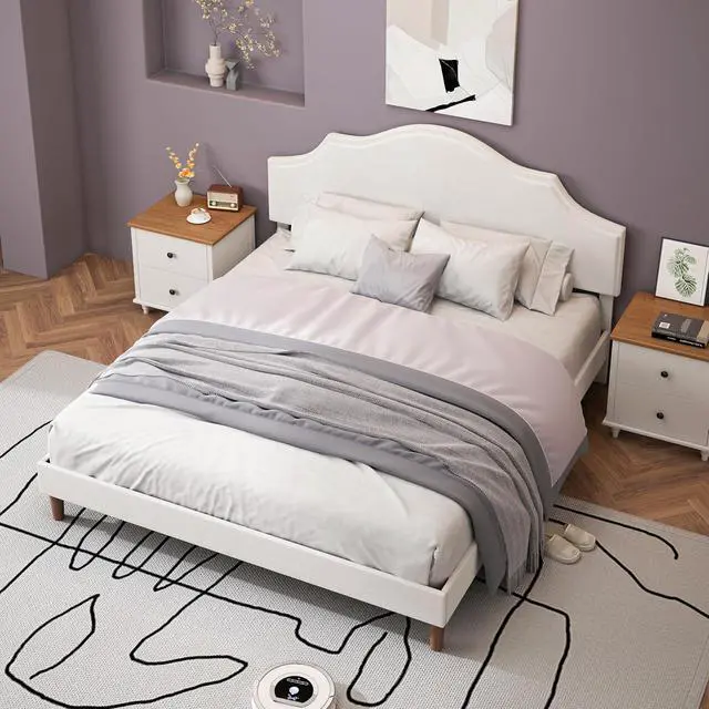 Alt view image 4 of 7 - King Linen Upholstered Bed with Height Adjustable Headboard, Modern Platform Double Bed with Solid Wooden Legs, No Box Spring Needed, Solid Wooden Slats, Easy Assembly, White