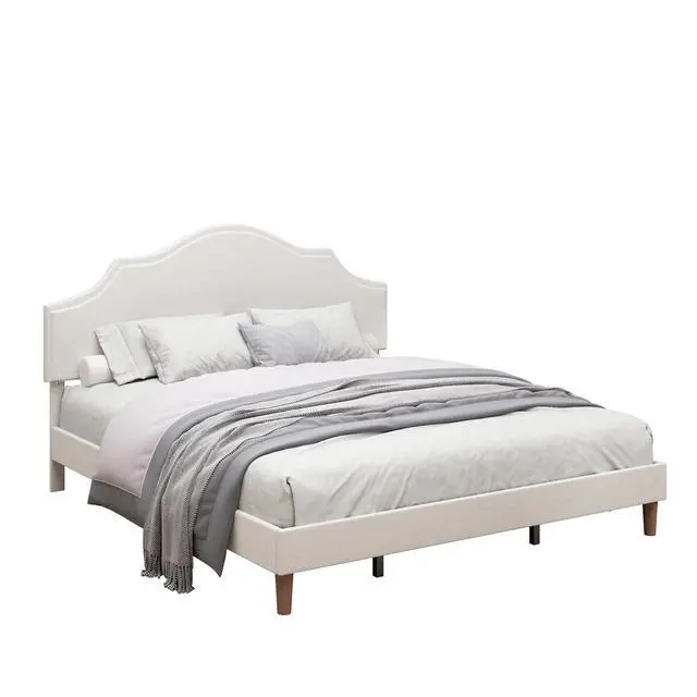 Alt view image 5 of 7 - King Linen Upholstered Bed with Height Adjustable Headboard, Modern Platform Double Bed with Solid Wooden Legs, No Box Spring Needed, Solid Wooden Slats, Easy Assembly, White