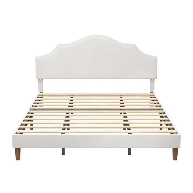 Alt view image 6 of 7 - King Linen Upholstered Bed with Height Adjustable Headboard, Modern Platform Double Bed with Solid Wooden Legs, No Box Spring Needed, Solid Wooden Slats, Easy Assembly, White