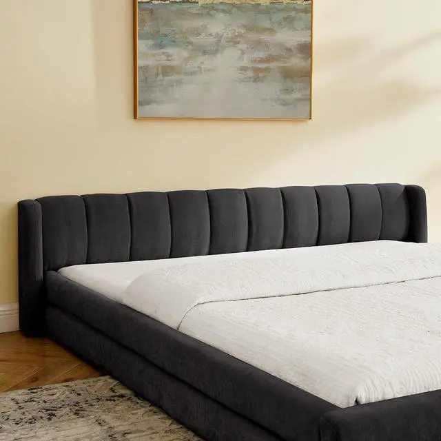 Alt view image 5 of 7 - King Size Floor Bed with Low Headboard, Chenille Upholstered Bedframe with, Low Profile Luxury Cloud Bed with Solid Wooden Slats, No Box Spring Needed, Cushioned Bedroom Furniture, Dark Gray