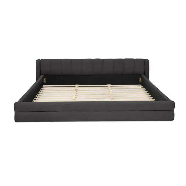 Alt view image 7 of 7 - King Size Floor Bed with Low Headboard, Chenille Upholstered Bedframe with, Low Profile Luxury Cloud Bed with Solid Wooden Slats, No Box Spring Needed, Cushioned Bedroom Furniture, Dark Gray